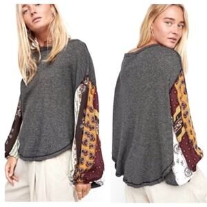 Free People Blossom Bandana Patchwork Thermal Balloons Sleeve Top Waffle Knit XS
